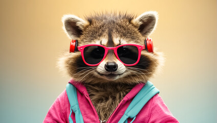 portrait funny style raccoon in clothes, sunglasses and headphones