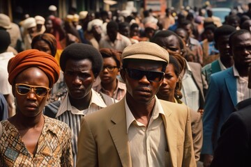 Crowd of African people walking street in 1970s - obrazy, fototapety, plakaty