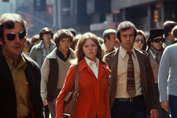 Crowd of people walking street in 1970s