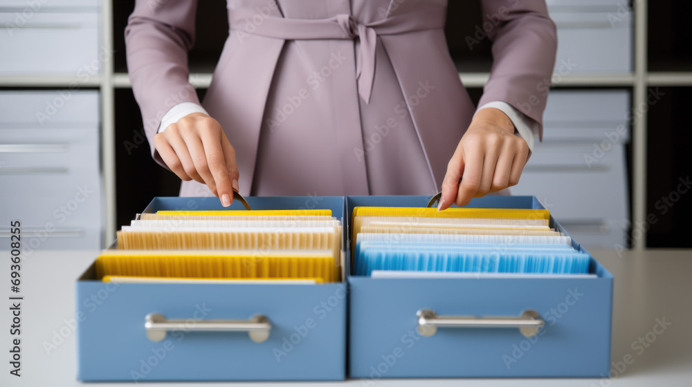 Poster close-up of a person in a business suit searching through open file drawers full of documents.