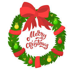 Vector flat illustration of decorated Christmas wreath with color balls. Cartoon red bow holiday garland with berries and stars for banner. Merry Christmas lettering winter greeting for card or poster