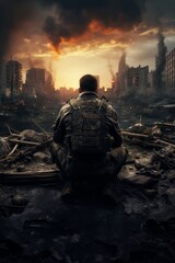 a lonely soldier stays in front a destroyed city