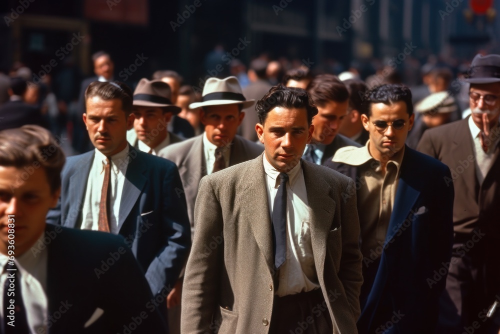 Sticker Crowd of people walking street in 1950s