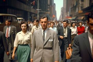 Crowd of people walking street in 1950s