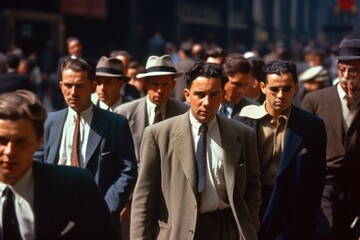 Crowd of people walking street in 1950s