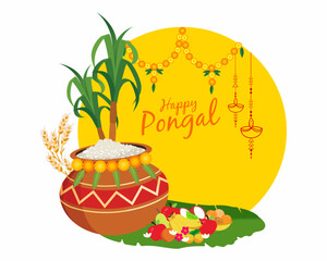 Happy Pongal with Pongal props rice pot sugarcane banana leaf and food Harvest Festival of Tamil Nadu South India