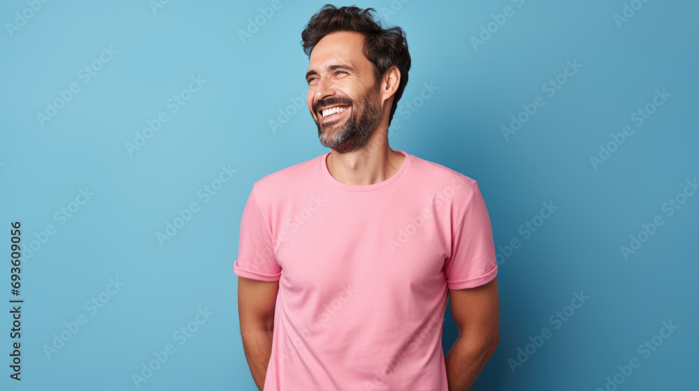 Poster Happy, bearded man wearing a pink t-shirt, smiling and looking away to the side against a blue background