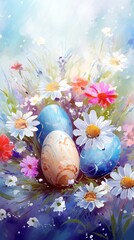 Vertical floral spring background with painted Easter eggs and flowers