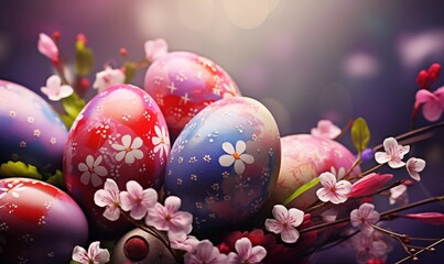 Painted Easter eggs and flowers on blurred background