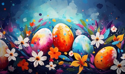 Illustration of painted Easter eggs and flowers
