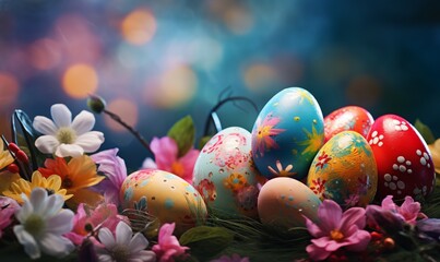 Painted Easter eggs and flowers at blurred background