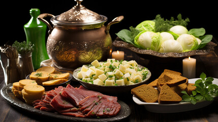 An elaborate Saint Patrick's Day feast with classic Irish dishes like corned beef and cabbage, surrounded by shamrock decorations.