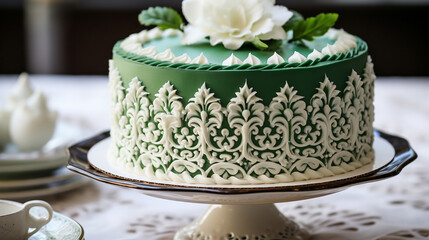 Obraz na płótnie Canvas A close-up of a beautifully decorated Saint Patrick's Day cake, featuring intricate icing designs and a fondant shamrock topper.