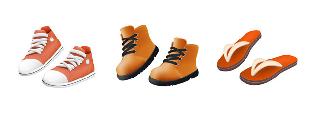 Various Shoes icons collection. Boots, sport shoes, sneaker, hiking footwear and other shoes for training 3D. Icons set - obrazy, fototapety, plakaty
