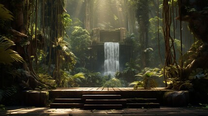 A wooden podium in a tropical rainforest, with tall trees and cascading waterfalls.