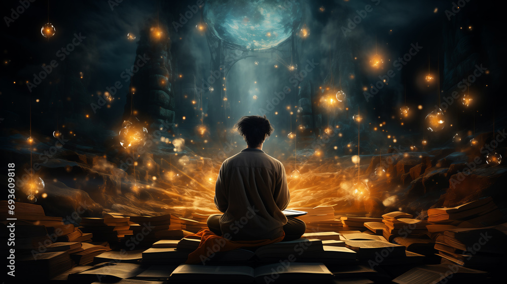 Wall mural astral yoga silhouette of human in cosmic space meditate. back view man practicing transcendental sp