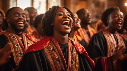 Black christian gospel singers of church praising Jesus Christ. Message of Christianity for christmas song music - obrazy, fototapety, plakaty