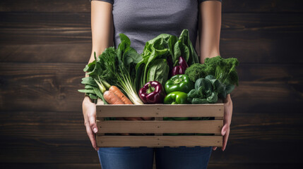 Farmer holding a wooden crate filled with an assortment of leafy green vegetables