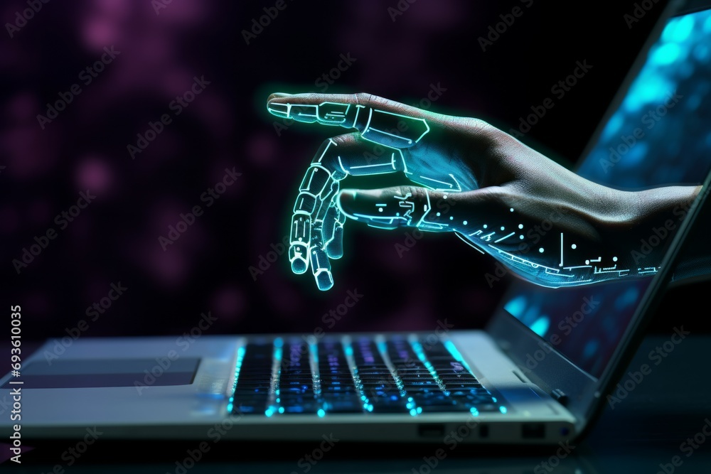 Poster futuristic robot hand typing and working with laptop keyboard. mechanical arm with computer.
