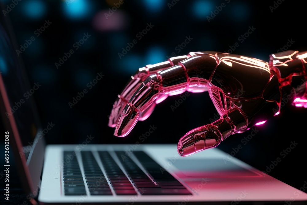 Poster futuristic robot hand typing and working with laptop keyboard. mechanical arm with computer.
