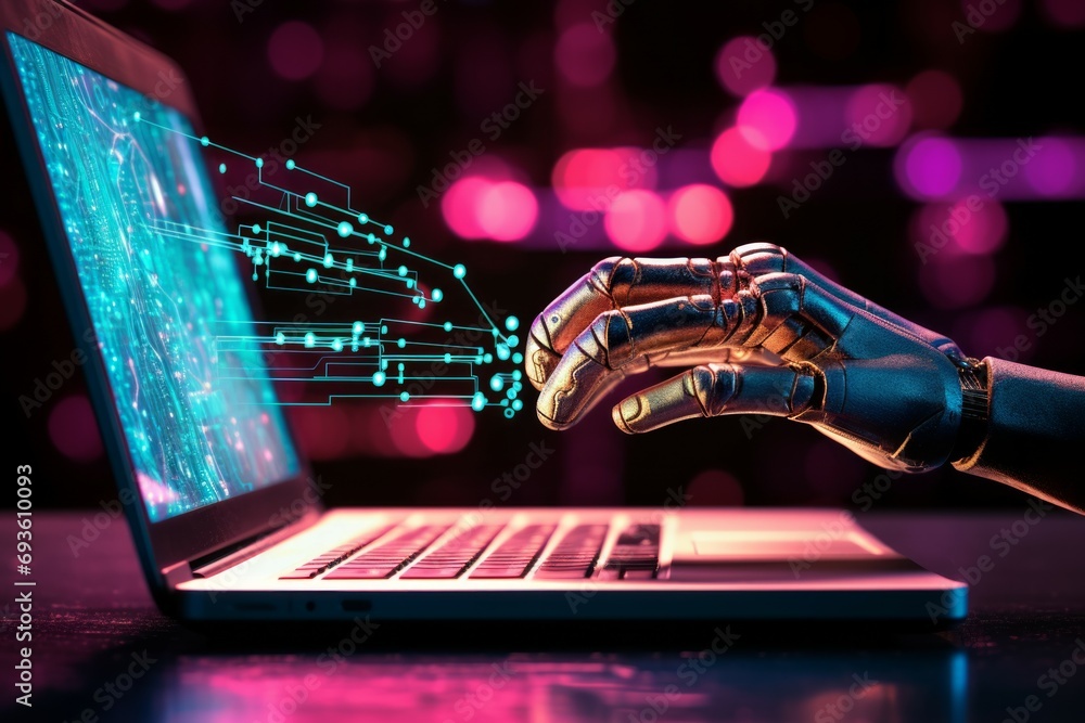 Poster futuristic robot hand typing and working with laptop keyboard. mechanical arm with computer.