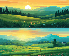 wide banner of farm landscape set, green hill, tree and mountain, Vector illustration, landscape background, wallpaper, poster, spring