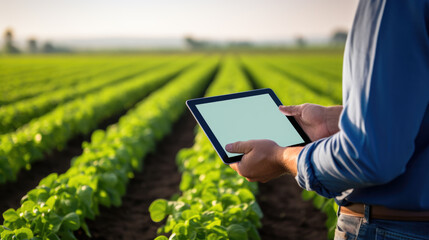 Farmer holding a tablet with a blank screen in front of a field of green crops