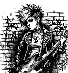 cartoon character - rock girl guitarist with mohawk hair style