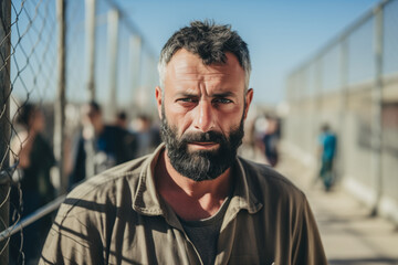 Portrait palestine of refugee man at border checkpoint background of fence. Concept syrian Illegal immigrant due to war, loss of home