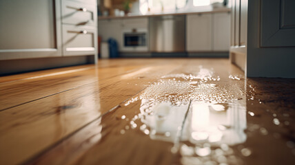 Flooded floor in kitchen from water leak. Damage , Property insurance concept - obrazy, fototapety, plakaty