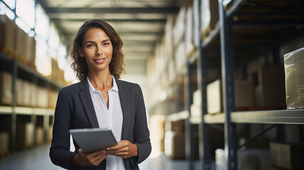 Portrait of woman factory owner or manager in business suit use tablet computer for control results of his company on background warehouse. Banner industrial plant process, sunlight - obrazy, fototapety, plakaty