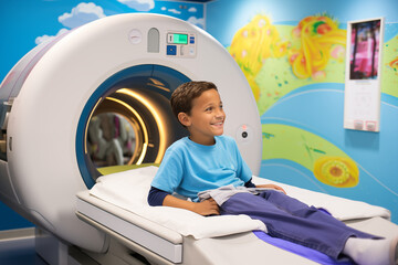 Happy child at MRI machine in hospital. Generative AI - obrazy, fototapety, plakaty