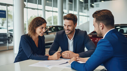 A couple buys a new car by signing a purchase agreement at a car dealership - obrazy, fototapety, plakaty