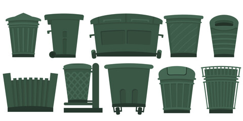 Green outdoor or indoor trash cans. Garbage collection and recycling. Maintaining cleanliness. Home, park and street waste containers set. Cartoon flat style. Isolated on white background.