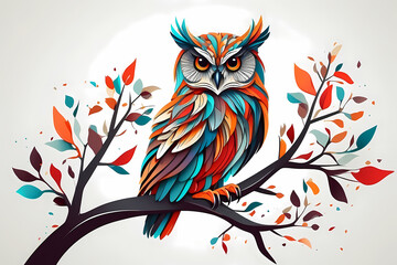 Stylized colorful owl perched on a huge curved tree branch. Design for T-shirt print