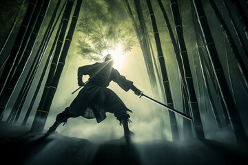 Samurai among bamboo trees. Generative AI