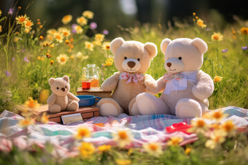 Cute teddy bears sitting on picnic outdoor. Generative AI