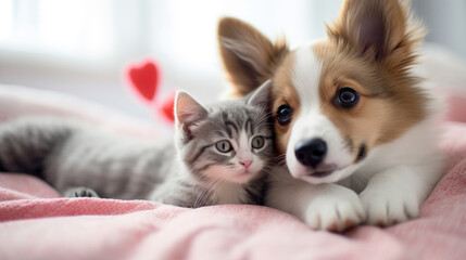 Obraz premium Cute puppy and a kitten lying close to each other on a blanket, with red heart-shaped plush toy nearby