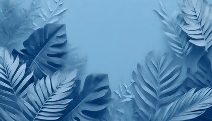 Collection of tropical leaves,foliage plant in blue color with space background. Abstract leaf decoration design. Exotic nature for cover template