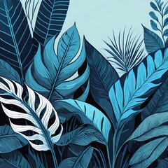 Abstract leaf decoration design. Exotic nature for cover template. Collection of tropical leaves, foliage plant in blue color with space background.