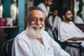 Portrait of happy turkish elder man with haircut in barbershop background, barber shop for pensioner concept - obrazy, fototapety, plakaty