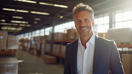 Portrait of man factory owner or manager in business suit on background warehouse. Banner industrial plant process, sunlight - obrazy, fototapety, plakaty