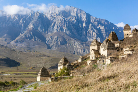 The view of the crypts in the City of the Dead in Dargavs, North Ossetia. North Caucasus region, Russia.