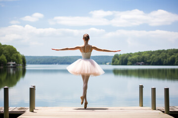 Fototapeta na wymiar Back view of graceful ballerina dancer on bridge nearly river. Generative AI