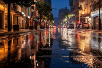 Fototapeta na wymiar Rainy cozy European street at night. Generative AI