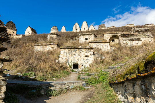 The view of the crypts in the City of the Dead in Dargavs, North Ossetia. North Caucasus region, Russia.