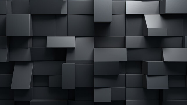 Rectangular wall in black and grey, mixing colors, brick. Abstract pattern, many different colors, numerous geometric shapes, close-up, shapes, look, appearance, carving. © BananaBee