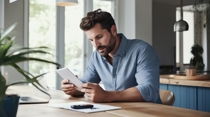 Obraz premium Smiling man sits on the sofa at home and holding his smartphone in his hands
