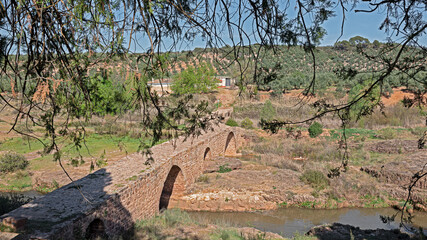Mocho Bridge of Roman origin over the Guadalimar river, Carthaginian road in Beas de Segura,...