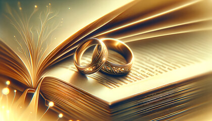 An illustration of a closeup view of golden wedding rings placed on top of an open book, with a blurred background. - Powered by Adobe